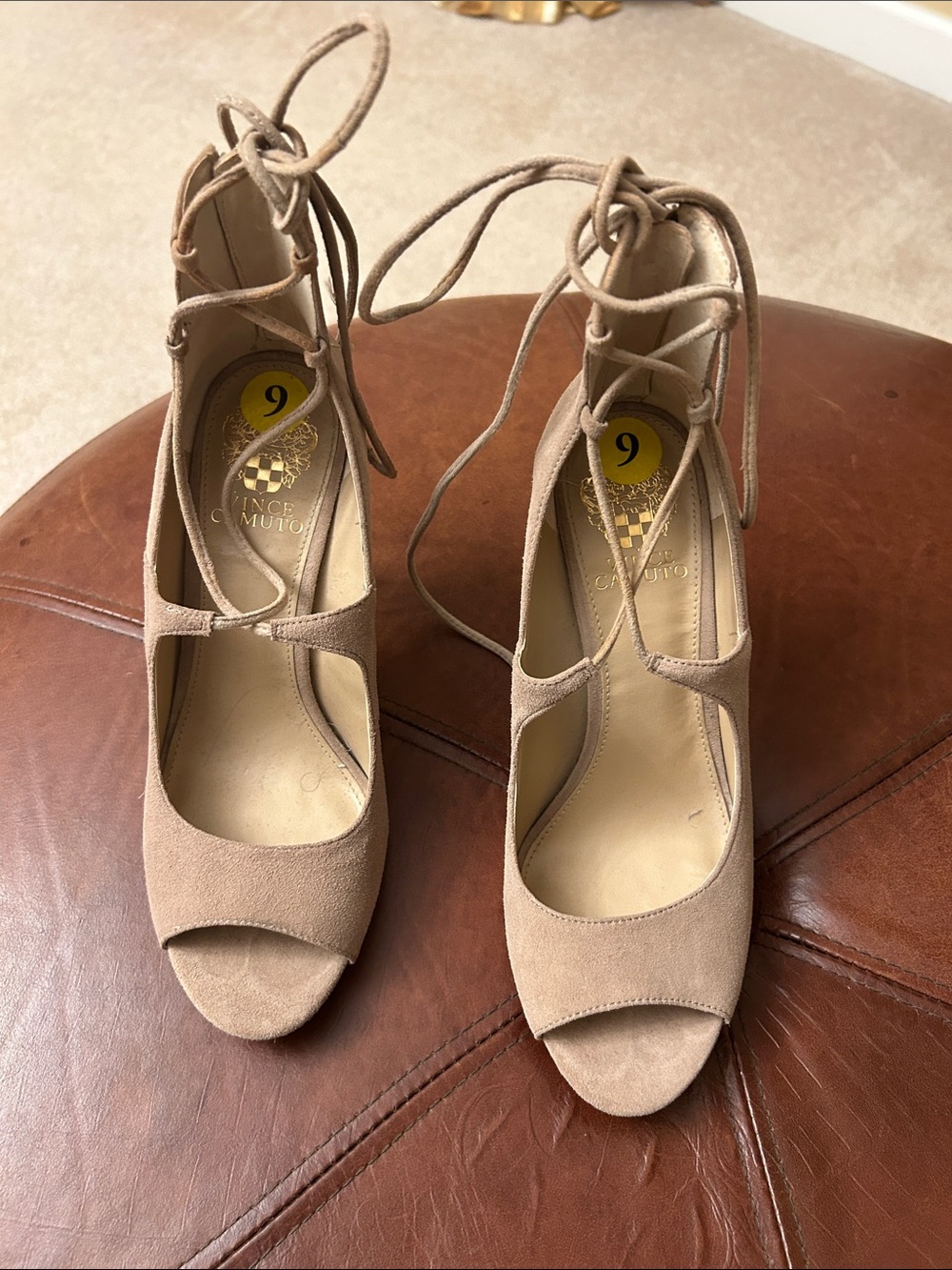 Vince Camuto Tan Suede Lace-Up Peep Toe Heels